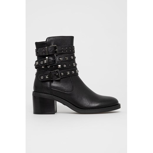 Guess Botki skórzane damskie kolor czarny na słupku Guess 37 wyprzedaż ANSWEAR.com