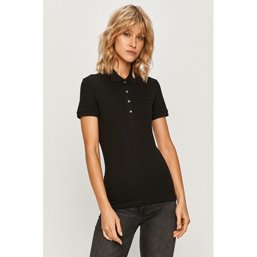 Lacoste T-shirt damski kolor czarny z kołnierzykiem Lacoste 38 ANSWEAR.com