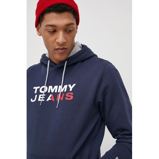 Tommy Jeans Bluza bawełniana męska kolor granatowy z kapturem z nadrukiem Tommy Jeans M ANSWEAR.com
