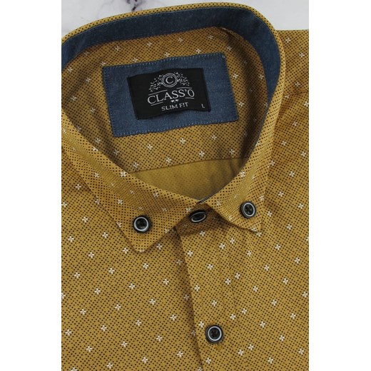 Koszula Męska Elegancka Wizytowa do garnituru musztardowa we wzorki z długim Classo 3XL wyprzedaż ŚWIAT KOSZUL