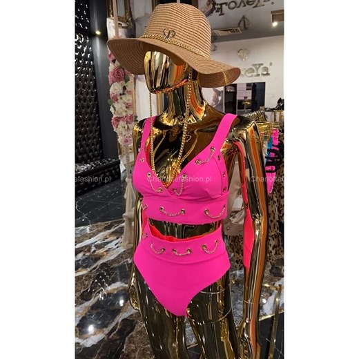 Kostium kąpielowy dwuczęściowy różowy z ozdobnymi łańcuszkami KK005 Loveya XS/34 Charlotte Fashion