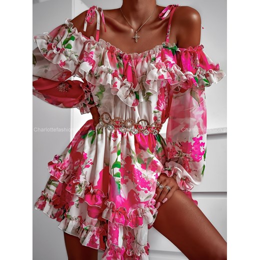 Sukienka hiszpanka kremowa w różowe kwiaty A1362 Excellence ONE SIZE Charlotte Fashion