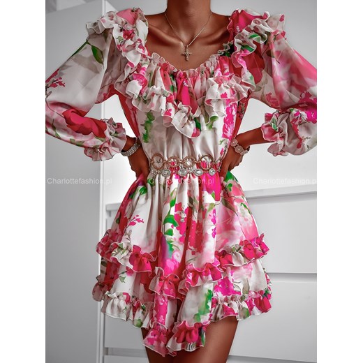 Sukienka hiszpanka kremowa w różowe kwiaty A1362 Excellence ONE SIZE Charlotte Fashion