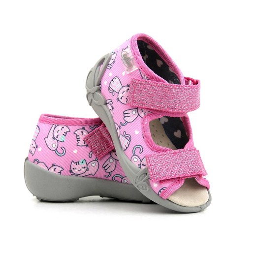 Sandałki dziecięce ze skórzaną wkładką - Befado 342P042, różowe z kotkami 20 ulubioneobuwie