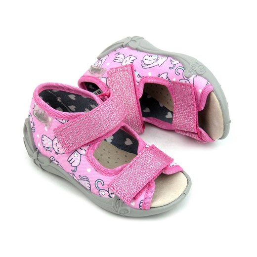 Sandałki dziecięce ze skórzaną wkładką - Befado 342P042, różowe z kotkami 24 ulubioneobuwie