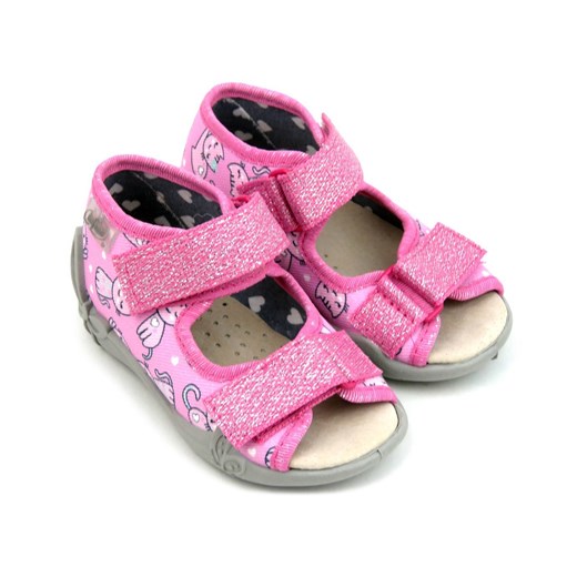 Sandałki dziecięce ze skórzaną wkładką - Befado 342P042, różowe z kotkami 23 ulubioneobuwie