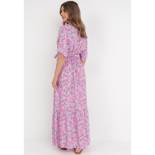 Sukienka Born2be w kwiaty boho z krótkim rękawem kopertowa w serek maxi