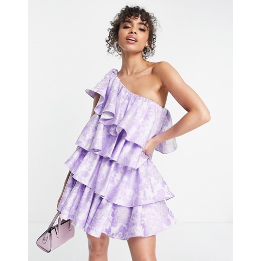 ASOS Luxe – Liliowa sukienka mini na jedno ramię z dużymi falbanami w żakardowy Asos Luxe 40 Asos Poland