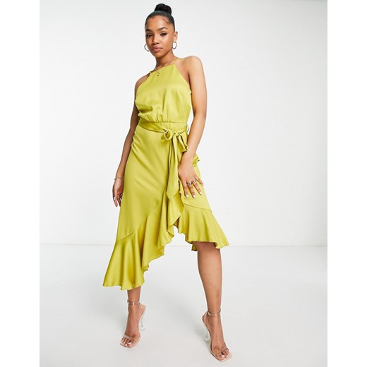 Style Cheat – Limonkowa sukienka kopertowa midi z dekoltem halter-Zielony Style Cheat 44 Asos Poland