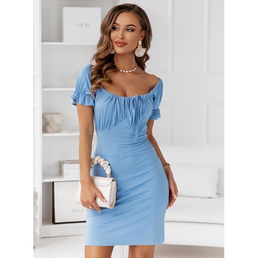 Błękitna dopasowana sukienka z wiązaniem na dekolcie Allysoon - błękitny Pakuten S/M promocyjna cena pakuten.pl