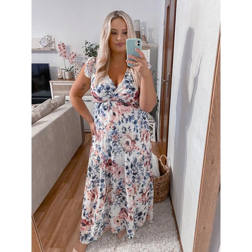 STELLA ZWIEWNA SUKIENKA PLUS SIZE MAXI. W KWIATY. BIAŁO/NIEBIESKA Rozmiar UNI / kiecka.eu