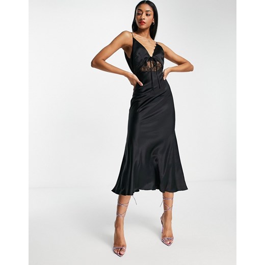ASOS DESIGN – Czarna satynowa sukienka midi ze skosu z delikatną koronką i 34 Asos Poland
