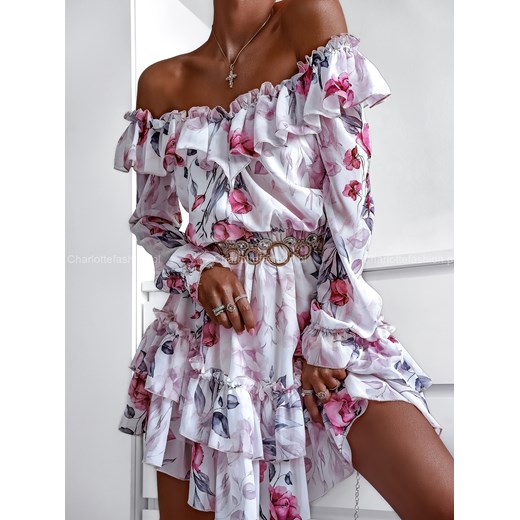 Sukienka hiszpanka biała w róże A1369 Excellence ONE SIZE Charlotte Fashion