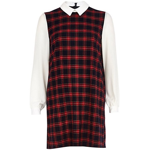 Red check contrast sleeve shift dress river-island czerwony 