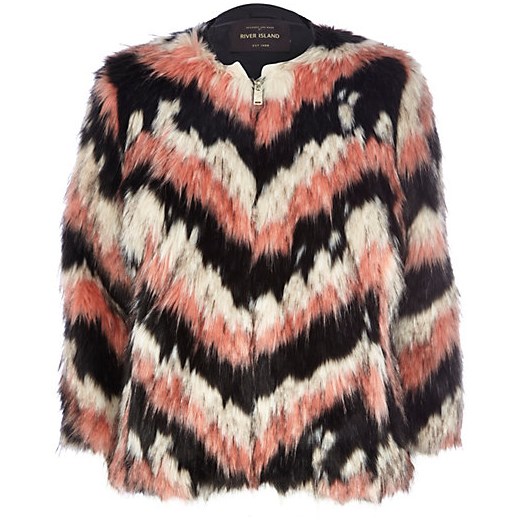 Pink faux fur striped coat river-island brazowy płaszcz