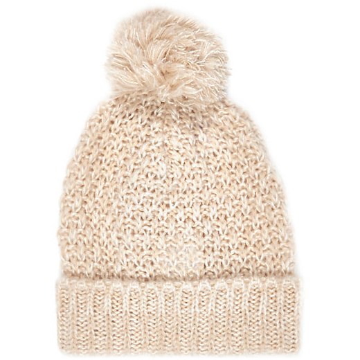 Cream loose knit beanie hat river-island bezowy beanie