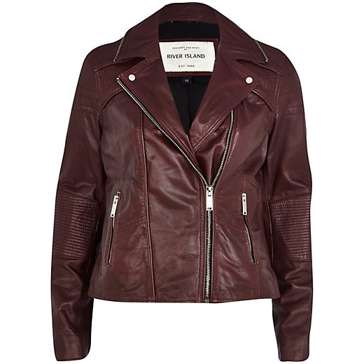 Dark red zip trim leather biker jacket river-island szary kurtki