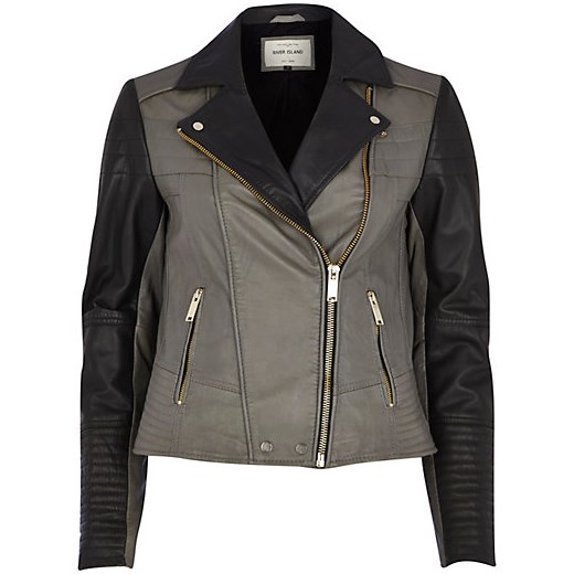 Dark grey colour block leather biker jacket river-island czarny kurtki