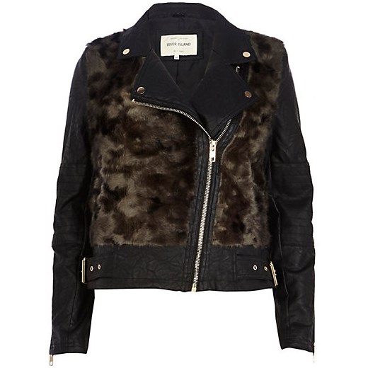 Black faux fur panel biker jacket river-island czarny kurtki