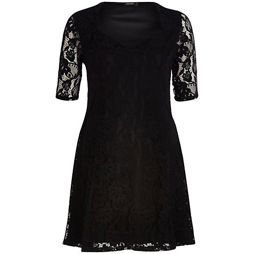 Black lace sweetheart fit and flare dress river-island czarny fit
