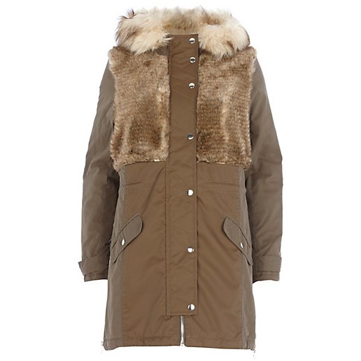 Khaki faux fur panel parka jacket river-island brazowy kurtki