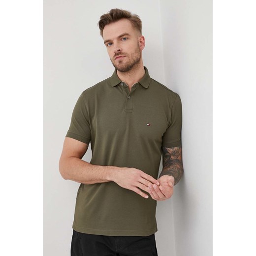 Tommy Hilfiger Polo męskie kolor zielony gładki ze sklepu ANSWEAR.com w kategorii T-shirty męskie - zdjęcie 136658465