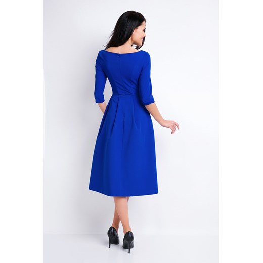 Elegancka sukienka rozkloszowana midi z kontrafałdami niebieska 42 Sukienki.shop promocja