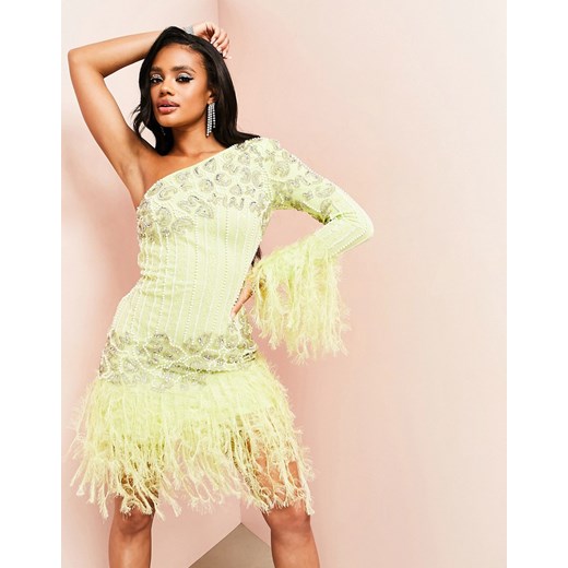 ASOS LUXE – Limonkowa sukienka mini na jedno ramię ze zdobieniami i sztucznymi Asos Luxe 44 Asos Poland