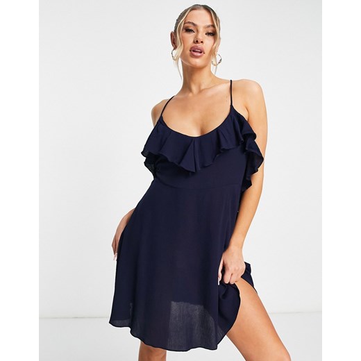 Trendyol – Granatowa sukienka mini na ramiączkach z falbanką-Black Trendyol 40 Asos Poland