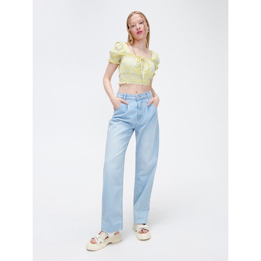Cropp - Bluzka crop top w kwiaty - Turkusowy Cropp M Cropp