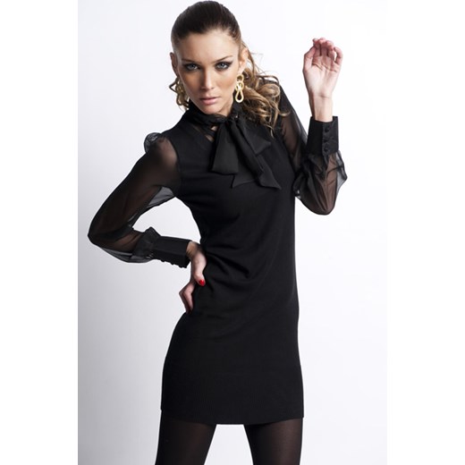 Dzianinowa sukienka z żorżetowymi rękawami - czarna NR 450 -1