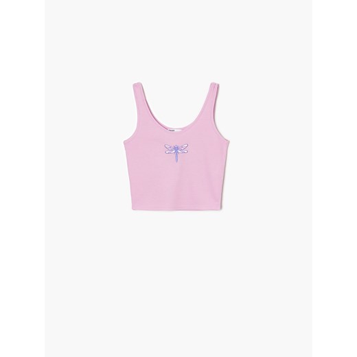 Cropp - Różowy top z haftem - Fioletowy Cropp S Cropp