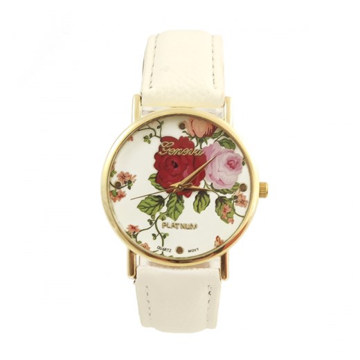 Zegarek biały kwiaty piękny elegancki SPR otien-com bezowy elegancki