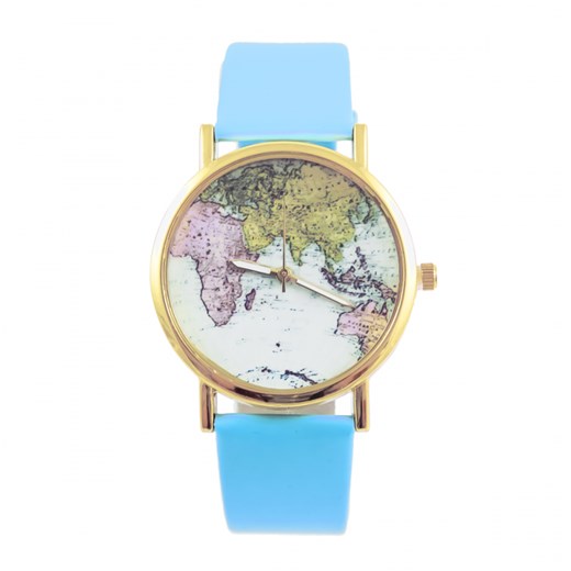 Zegarek błękitny z paskiem mapa świata SPR otien-com niebieski paski