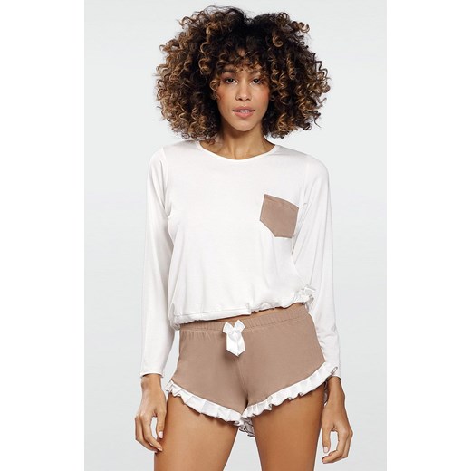 Dwuczęściowa piżama damska krótki spodenki i bluzka z długim rękawem Ronnie, Kolor biało-beżowy, Rozmiar XS, DKaren ze sklepu Intymna w kategorii Piżamy damskie - zdjęcie 137692785