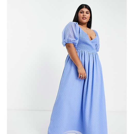 ASOS DESIGN Curve – Niebieska marszczona sukienka kopertowa maxi z materiału 44 Asos Poland