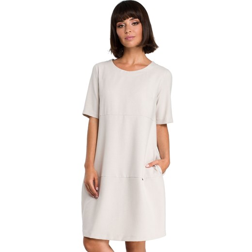Lniana sukienka na lato bombka oversize z kieszeniami beżowa Be S Sukienki.shop
