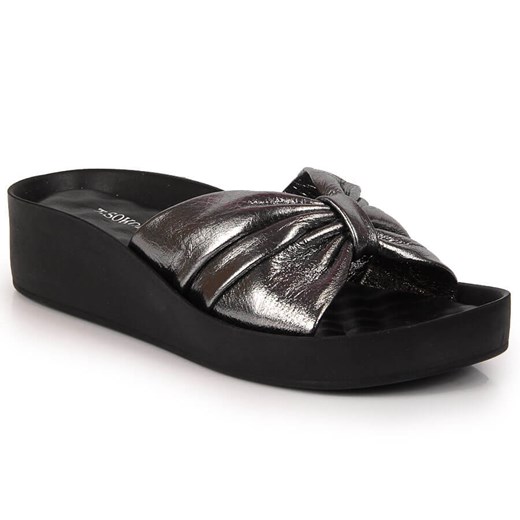 Klapki skórzane damskie na koturnie srebrne T.Sokolski 41 okazyjna cena ButyRaj.pl