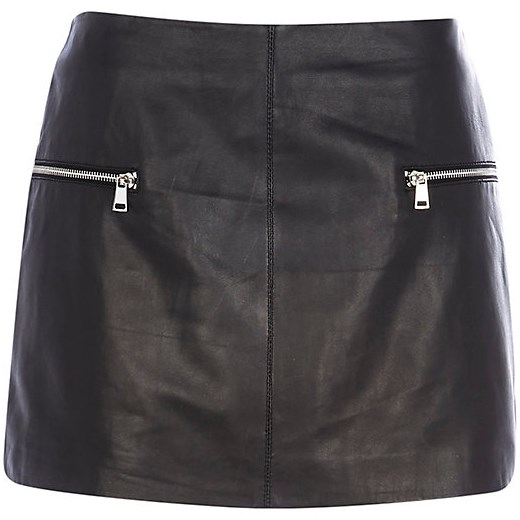 Black leather zip trim mini skirt river-island szary mini
