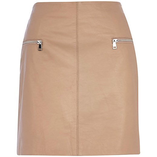 Nude leather zip trim mini skirt river-island brazowy mini