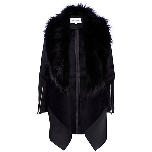 Black leather-look faux fur waterfall jacket river-island czarny kurtki