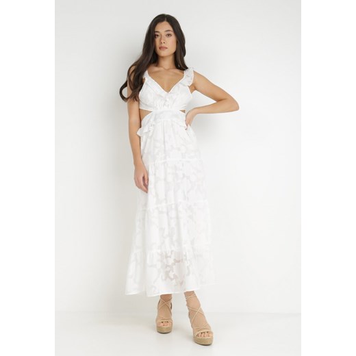 Sukienka Born2be tkaninowa biała z haftem rozkloszowana z dekoltem v maxi 