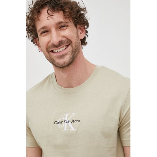 Calvin Klein Jeans t-shirt bawełniany kolor beżowy z aplikacją XL ANSWEAR.com