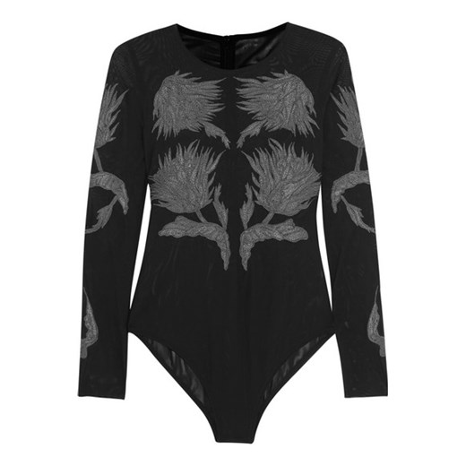 Embroidered stretch-mesh bodysuit net-a-porter czarny stretch