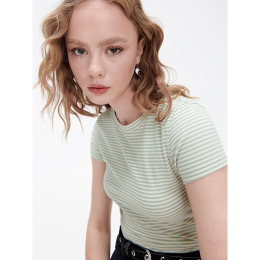 Cropp - Koszulka crop top w paski - Zielony Cropp S Cropp
