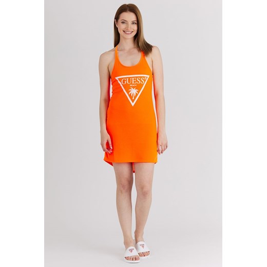 GUESS - Pomarańczowa neonowa sukienka z trójkątnym logo Guess S okazyjna cena outfit.pl