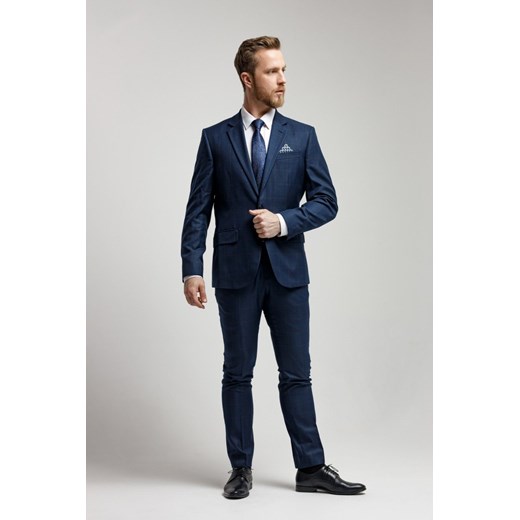 Garnitur, Granatowo-Brązowy w Kratkę Zapinany na Dwa Guziki, SLIM, Spodnie w Victorio 176/120/106 JegoSzafa.pl