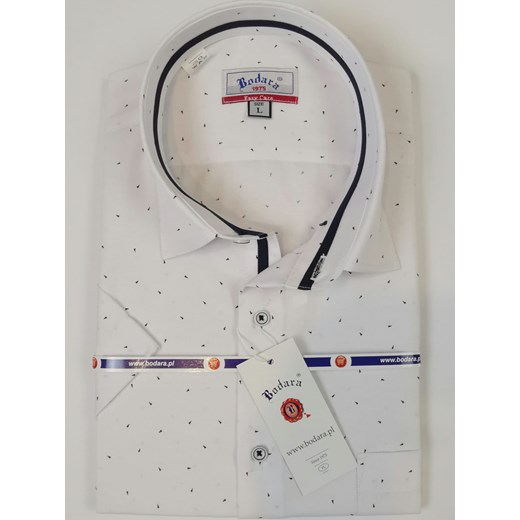 Bodara koszula biała w drobny granatowy wzorek krótki rękaw  SLIM-FIT męska  (1) Bodara L okazyjna cena ATELIER-ONLINE