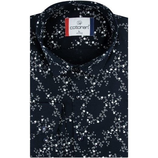 Koszula Męska Elegancka Wizytowa do garnituru granatowa w drobne kwiatki z Cottonart L ŚWIAT KOSZUL