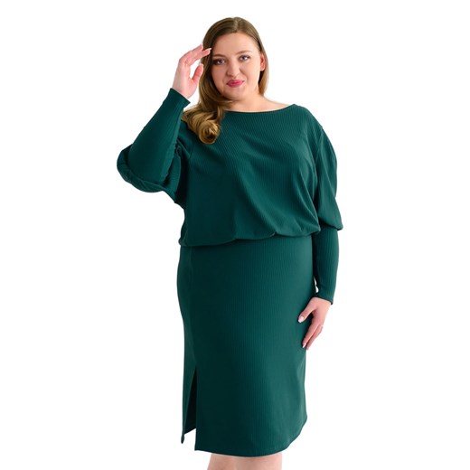 Sukienka Fokus zielona na spotkanie biznesowe z okrągłym dekoltem z długim rękawem 